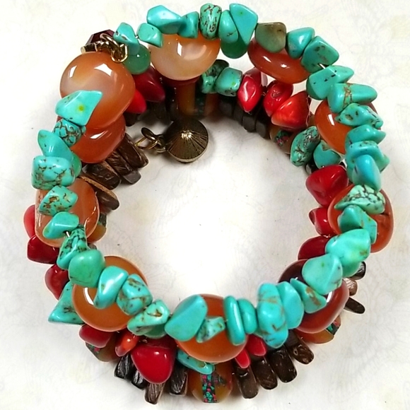 Hand Crafted Boho Tibetan Agate, Turquoise and Amber Wrap Bracelet - Picture 8 of 16
